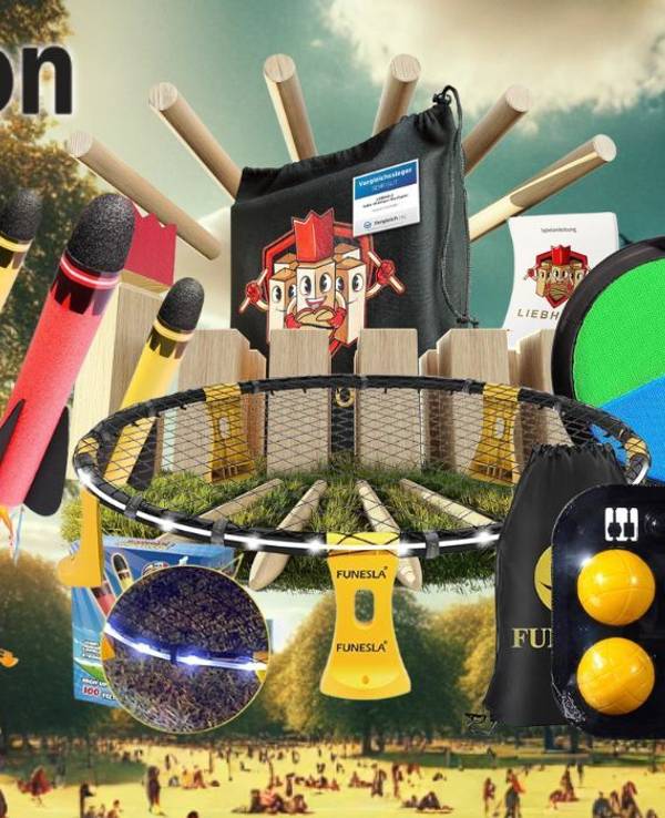 Auf dem Bild sind Outdoor Spiele für Groß und Klein zu sehen.