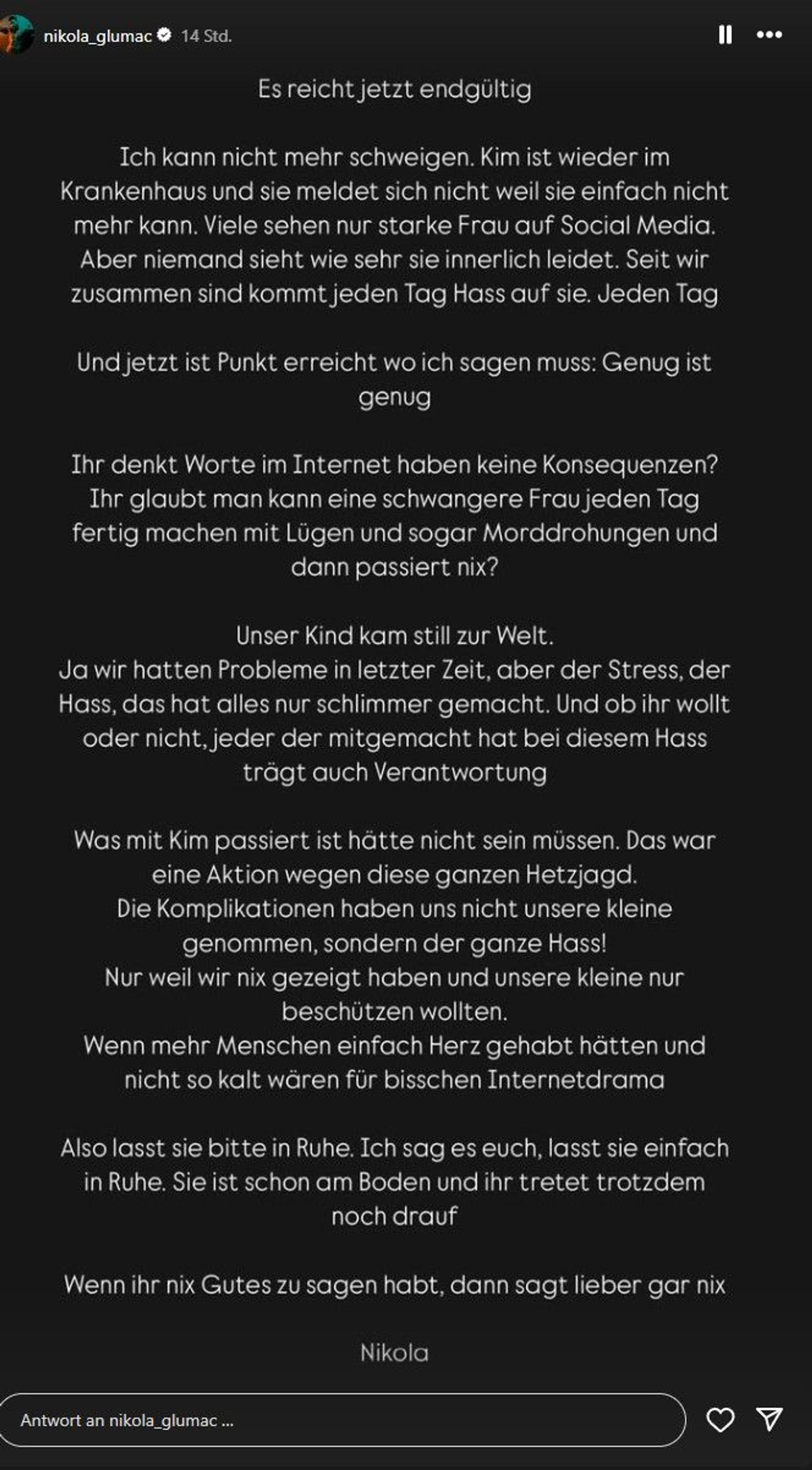 In diesem Post machte Nikola Glumac den Verlust des Kindes öffentlich.