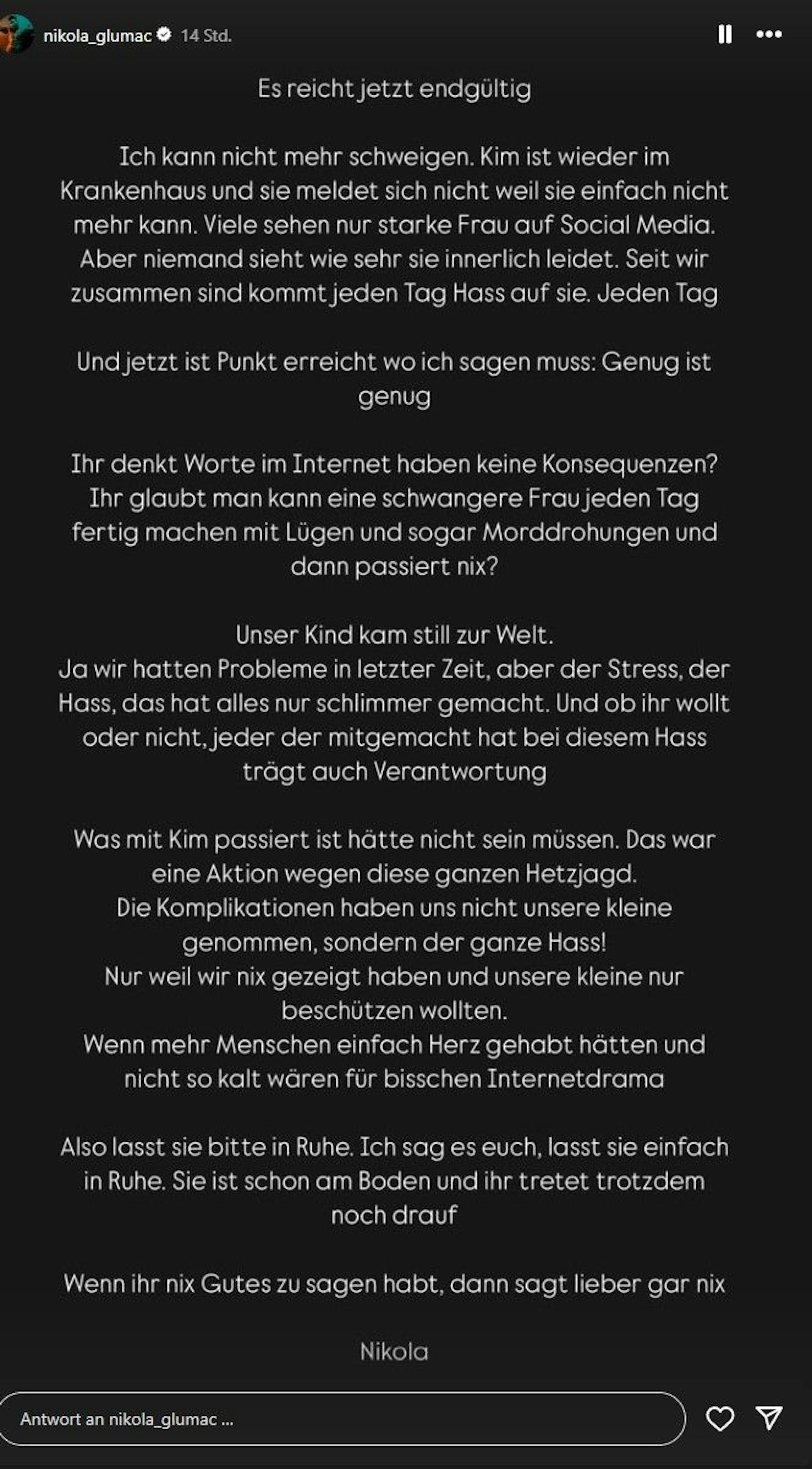 In diesem Post machte Nikola Glumac den Verlust des Kindes öffentlich.