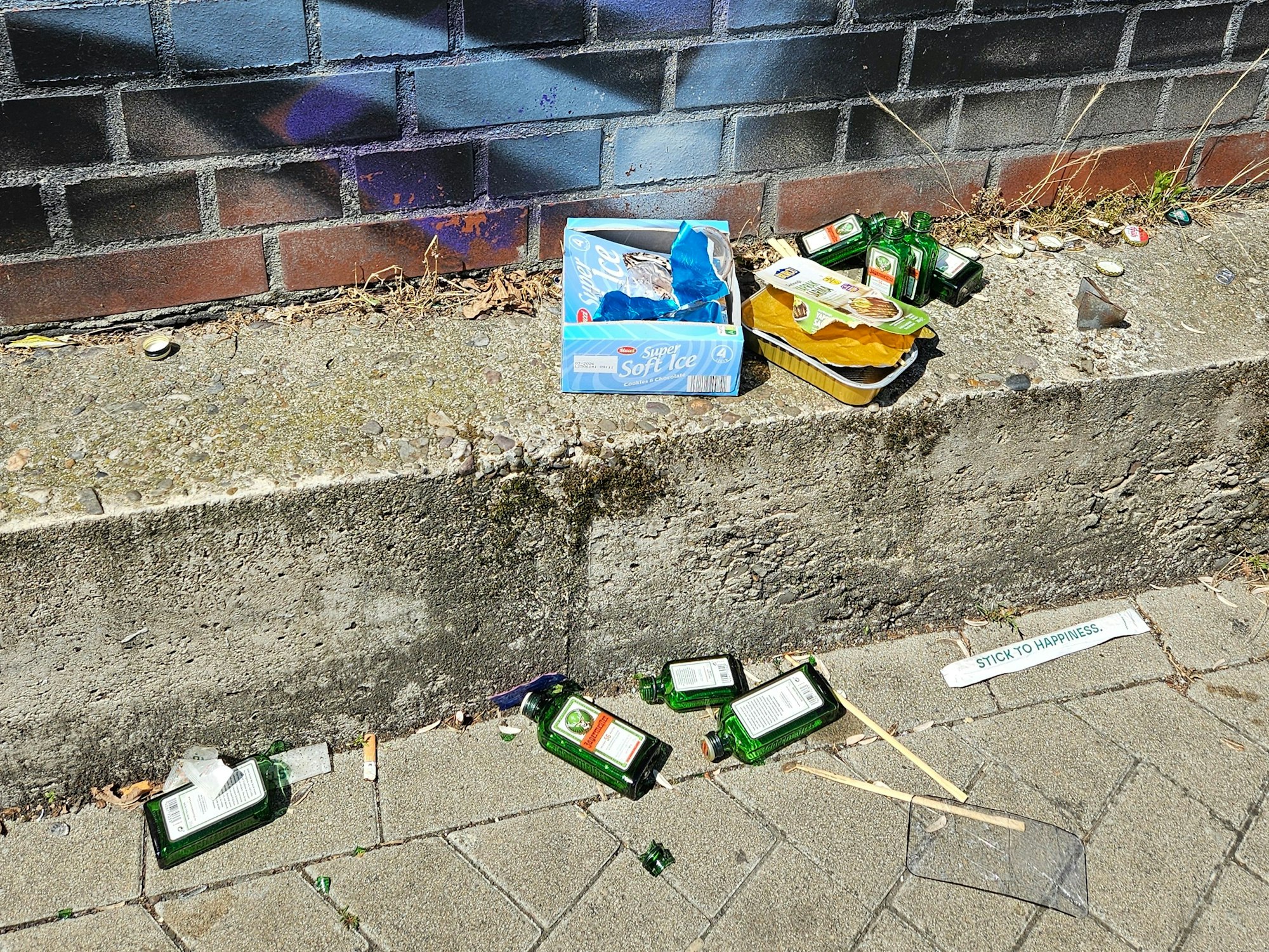 Müll liegt an einer Mauer.