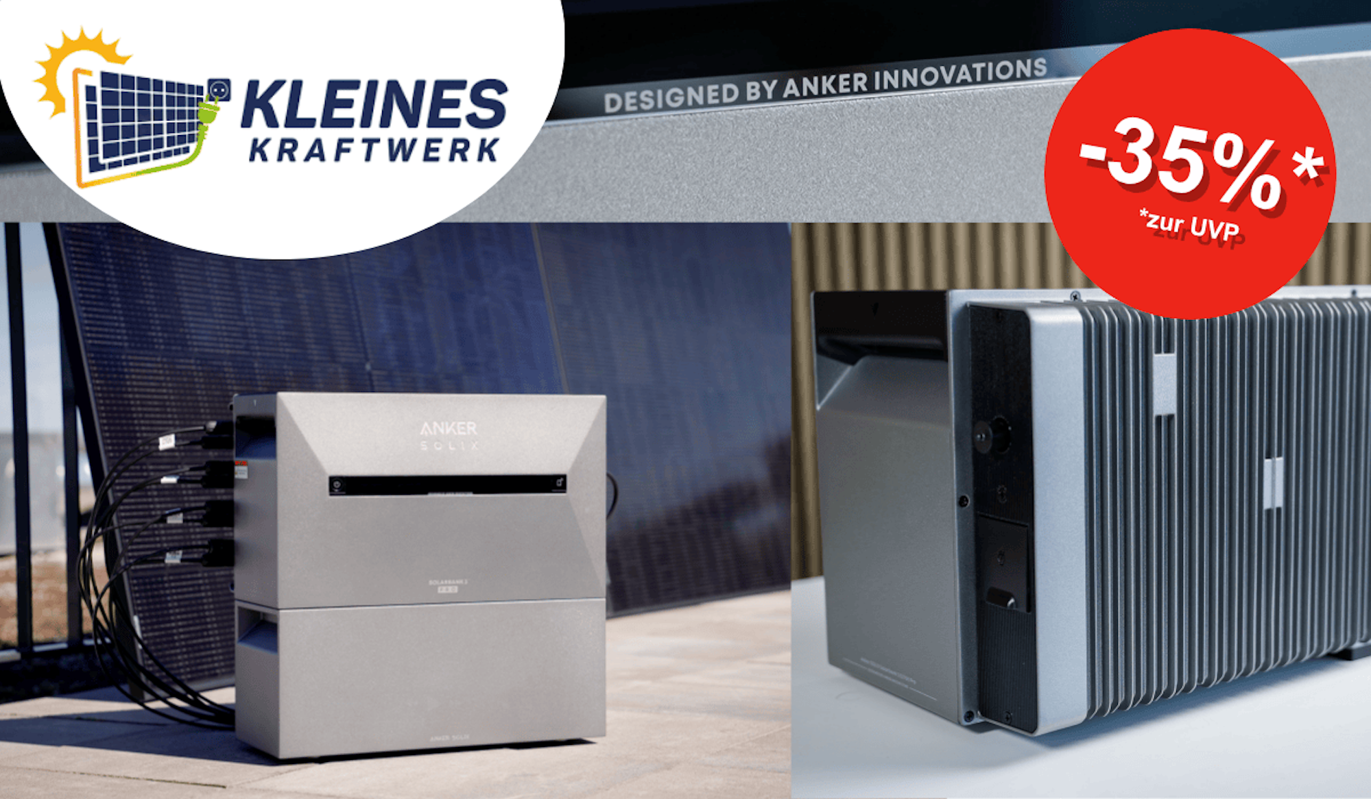 Ein Balkonkraftwerk mit einem modernen, kompakten Speicher von ANKER Innovations, der in eleganter Aluminium-Optik und mit effizienten Solarmodulen bestückt ist.