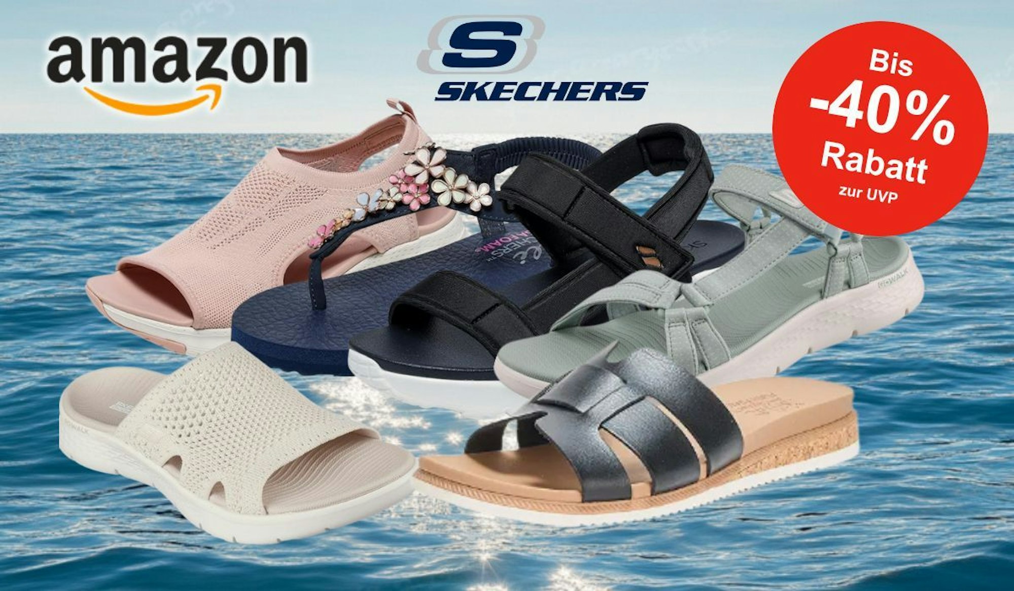 Auf dem Bild sind unterschiedliche Skechers Sandalen zu sehen.