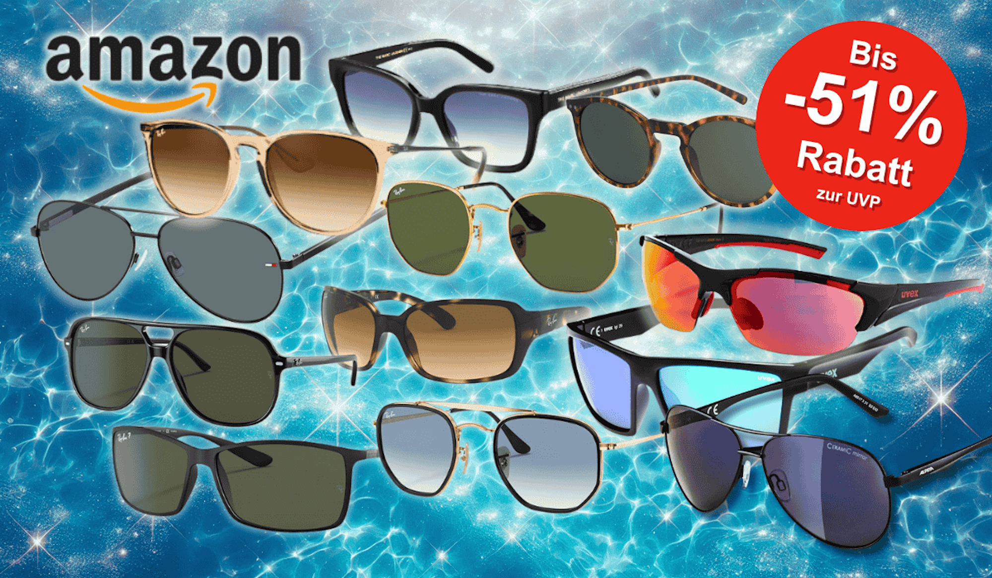 Sonnenbrillen verschiedener Marken von Ray-Ban, Tommy Hilfiger, Uvex und Oakley vor einer spiegelnden Wasseroberfläche von einem Swimming Pool.