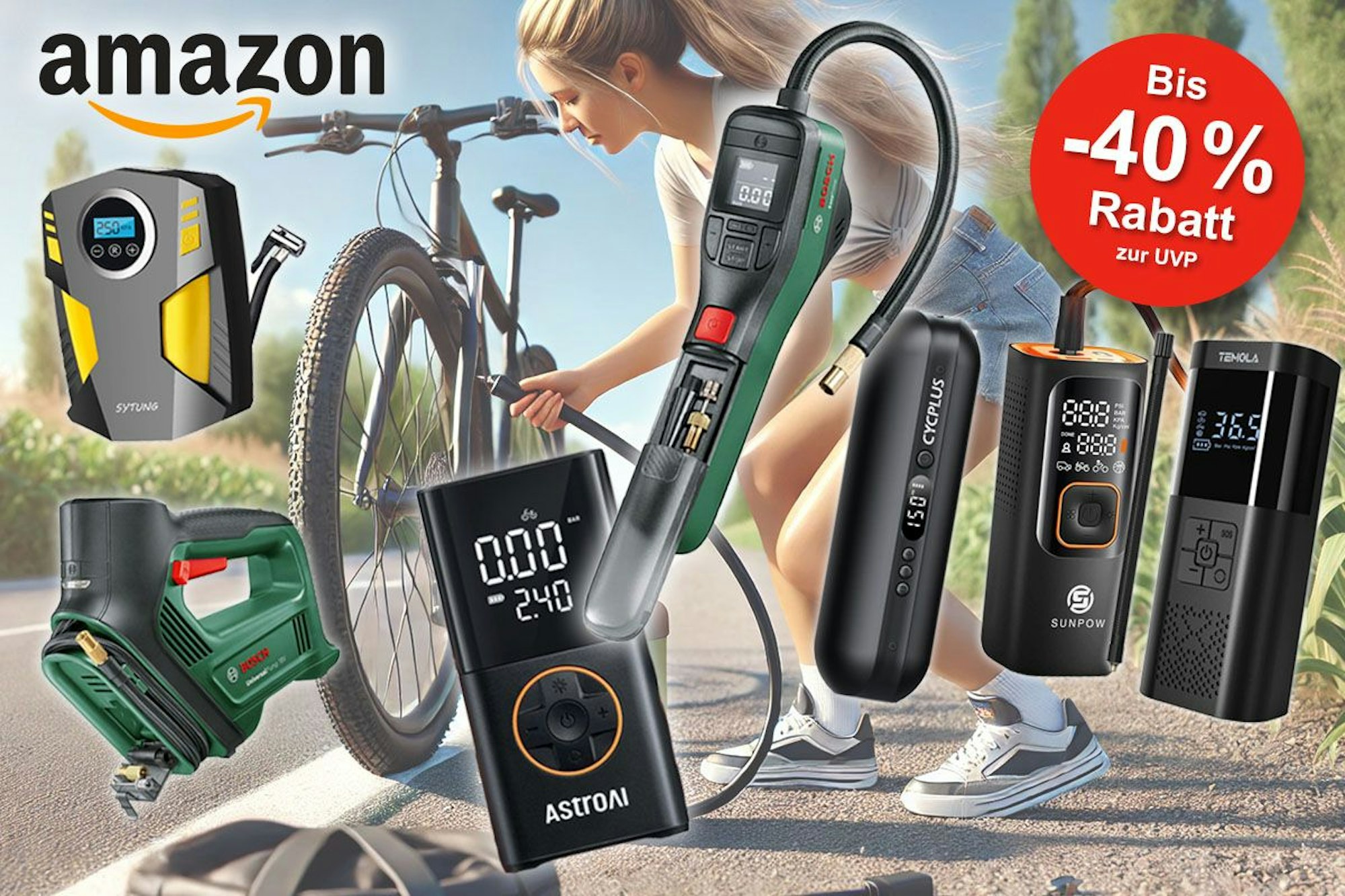 Elektrische Fahrrad Luftpumpen wie Bosch EasyPump und weitere Marken und Modelle von Astro AI, Cyclus, Sunpow oder Bestyks platziert vor einer jungen Frau, die am Rand einer Straße den Vorderreifen ihres Fahrrades aufpumpen will.