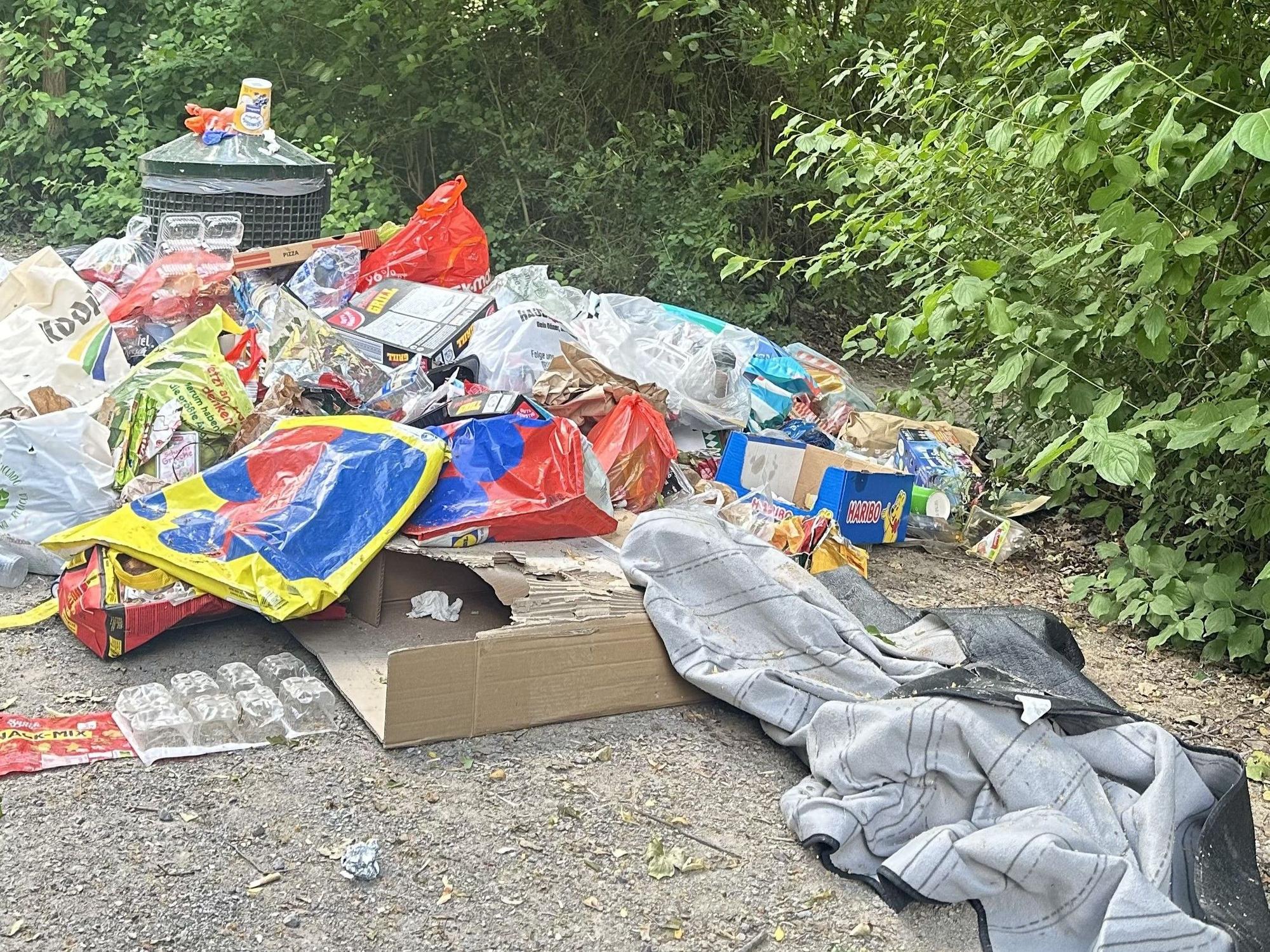 Müll liegt an einem Gebüsch.