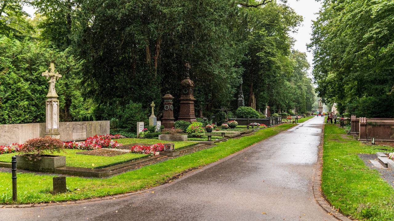 Ein Weg in einem Friedhof.