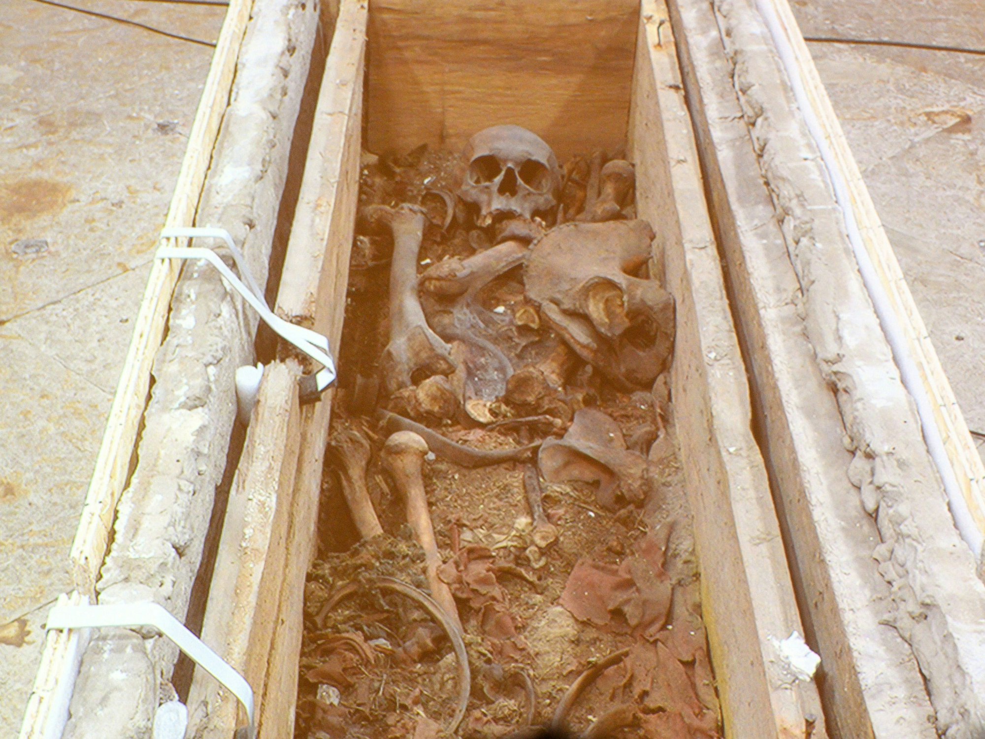 Das Landesamt für Denkmalpflege und Archäologie Sachsen-Anhalt zeigt in der Sakristei des Magdeburger Doms Medienvertretern ein Live-Video, welches das Innere der Holzkiste des Grabes von Otto dem Großen zeigt.