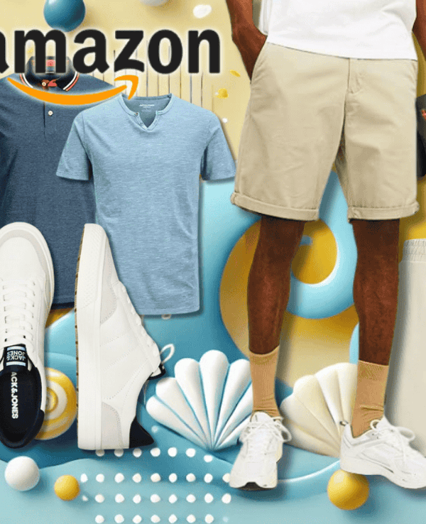 Eine bunte Collage sommerlicher Jack & Jones Modeartikel, darunter T-Shirts, Shorts, Sneaker und Unterwäsche – alles im sportlich-lässigen Look für Herren.