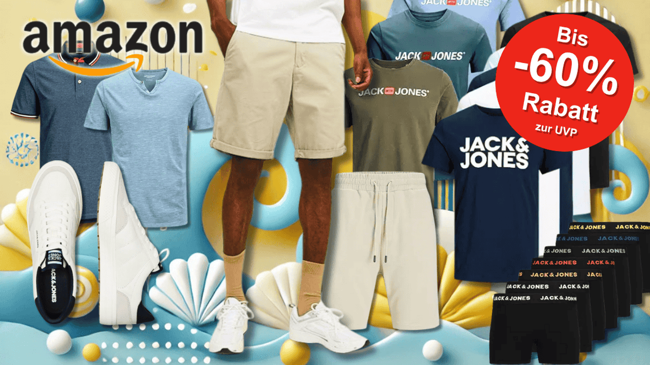 Eine bunte Collage sommerlicher Jack & Jones Modeartikel, darunter T-Shirts, Shorts, Sneaker und Unterwäsche – alles im sportlich-lässigen Look für Herren.