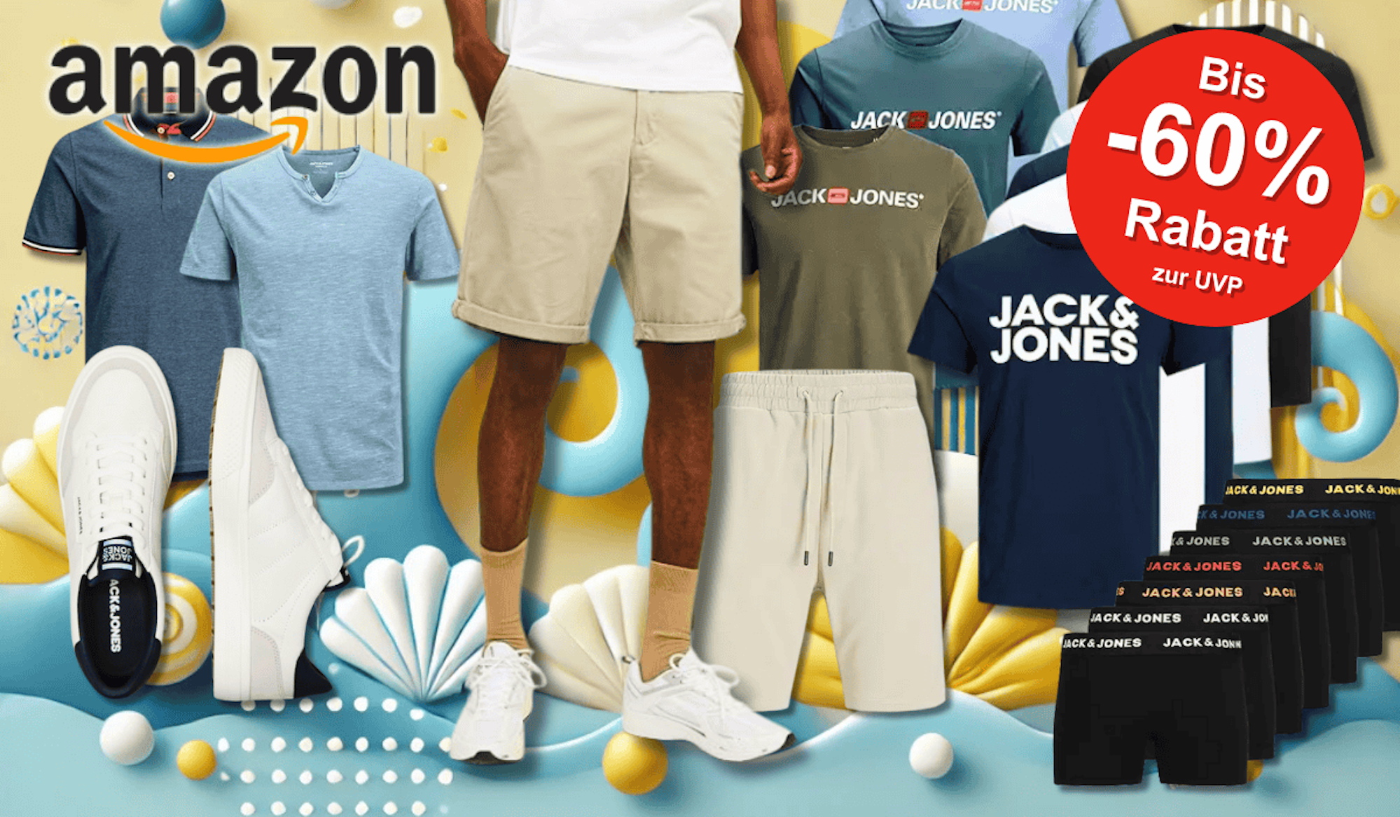 Eine bunte Collage sommerlicher Jack & Jones Modeartikel, darunter T-Shirts, Shorts, Sneaker und Unterwäsche – alles im sportlich-lässigen Look für Herren.