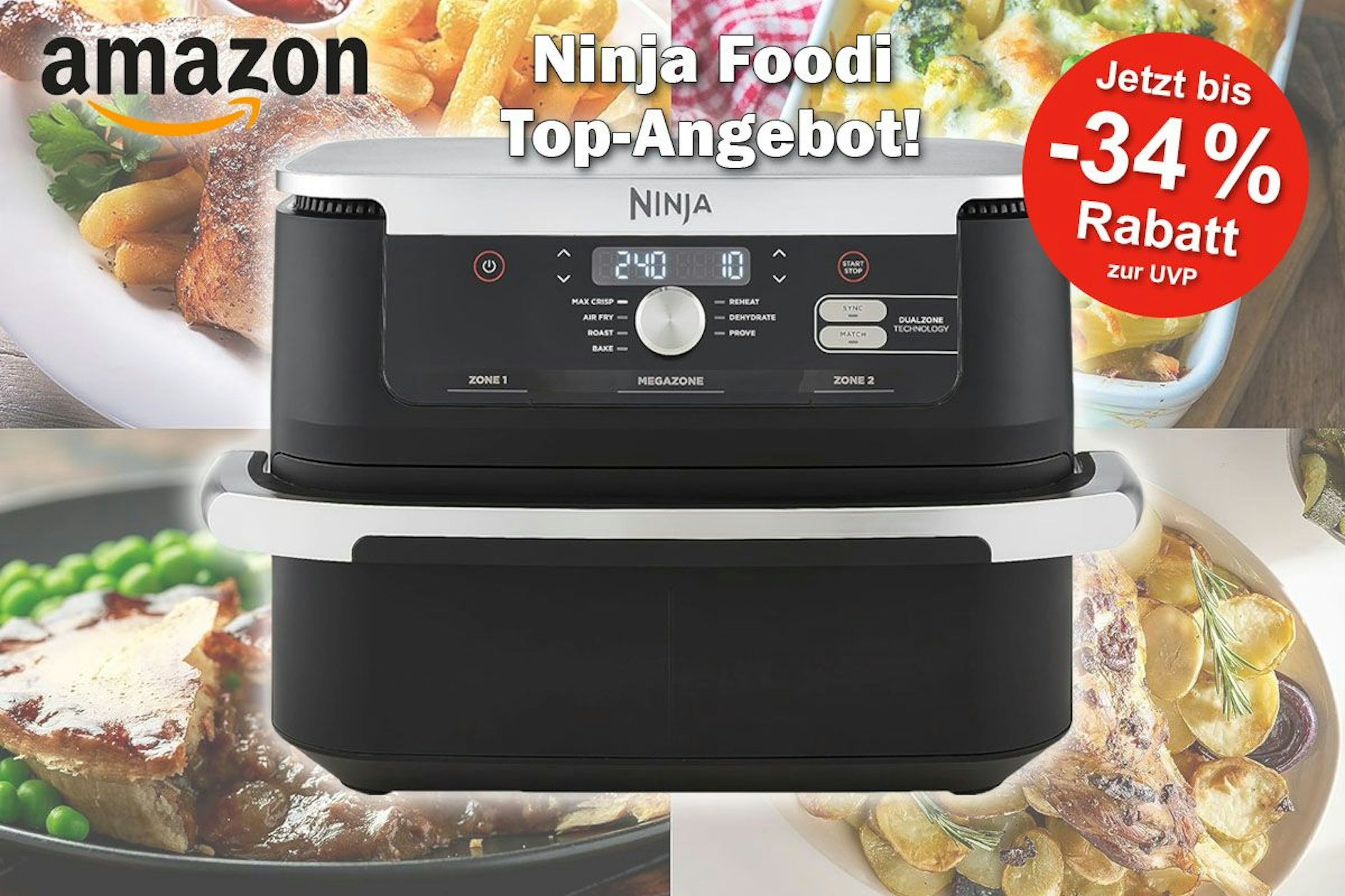 Heißluftfritteuse Ninja Foodi FlexDrawer Dual Zone vor knusprig zubereiteten Speisen.