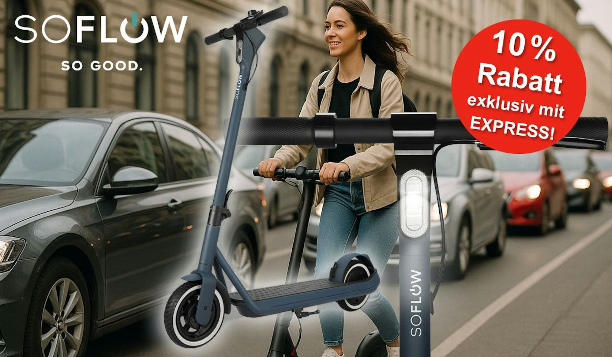 Junge Frau fährt in der Innenstadt mit einem E-Scooter an stehenden Autos vorbei, davor SoFlow SO ONE Lite E-Scooter.