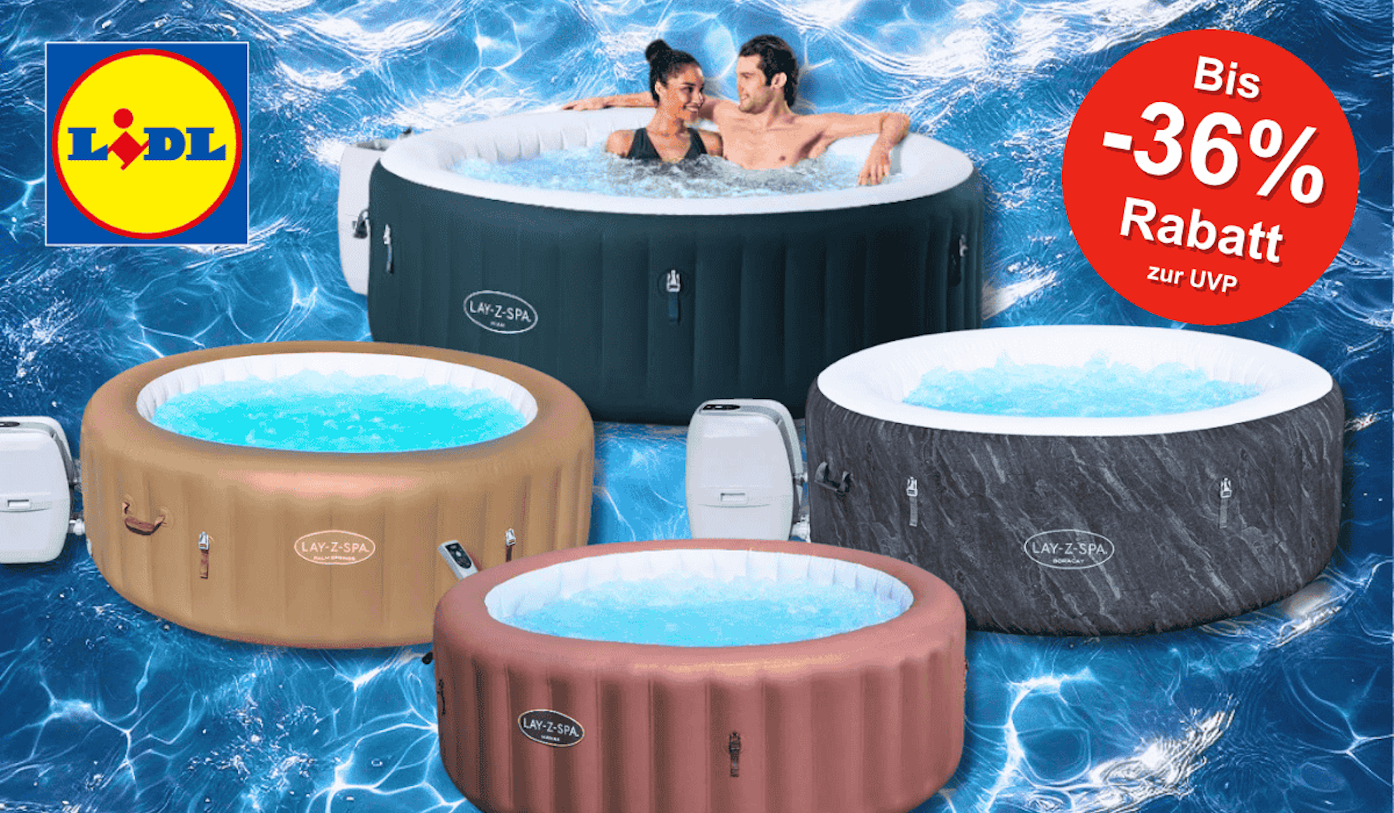 Vier Bestway Whirlpools vor einem Wasser Hintergrund