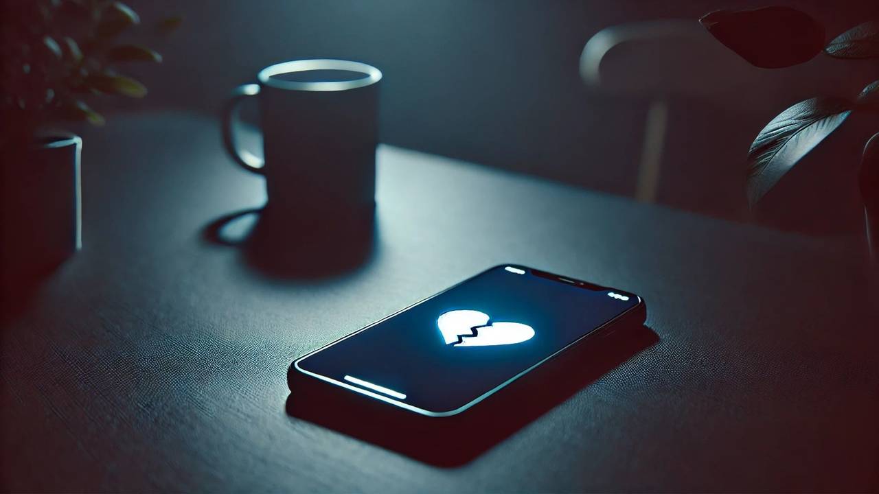 Ein Smartphone mit einem gebrochenen Herzen auf dem Display liegt auf einem Tisch.