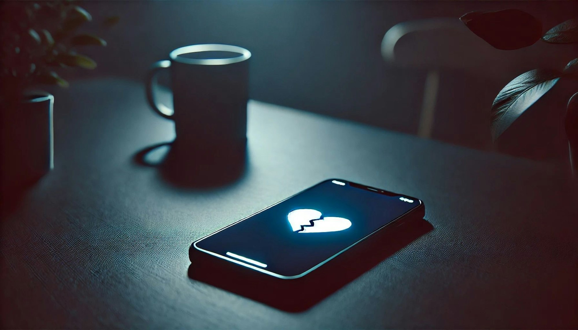Ein Smartphone mit einem gebrochenen Herzen auf dem Display liegt auf einem Tisch.