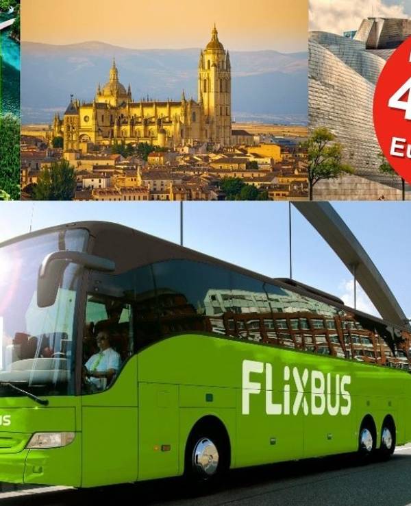 Ein grüner Flix- Reisebus der vor einem modernen Busbahnhof steht. Oben sind attraktive europäische Reiseziele zu sehen.