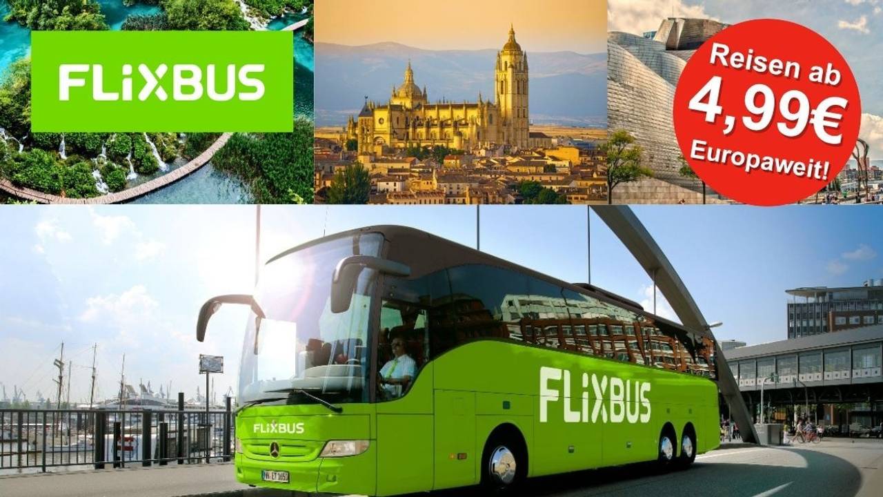 Ein grüner Flix- Reisebus der vor einem modernen Busbahnhof steht. Oben sind attraktive europäische Reiseziele zu sehen.