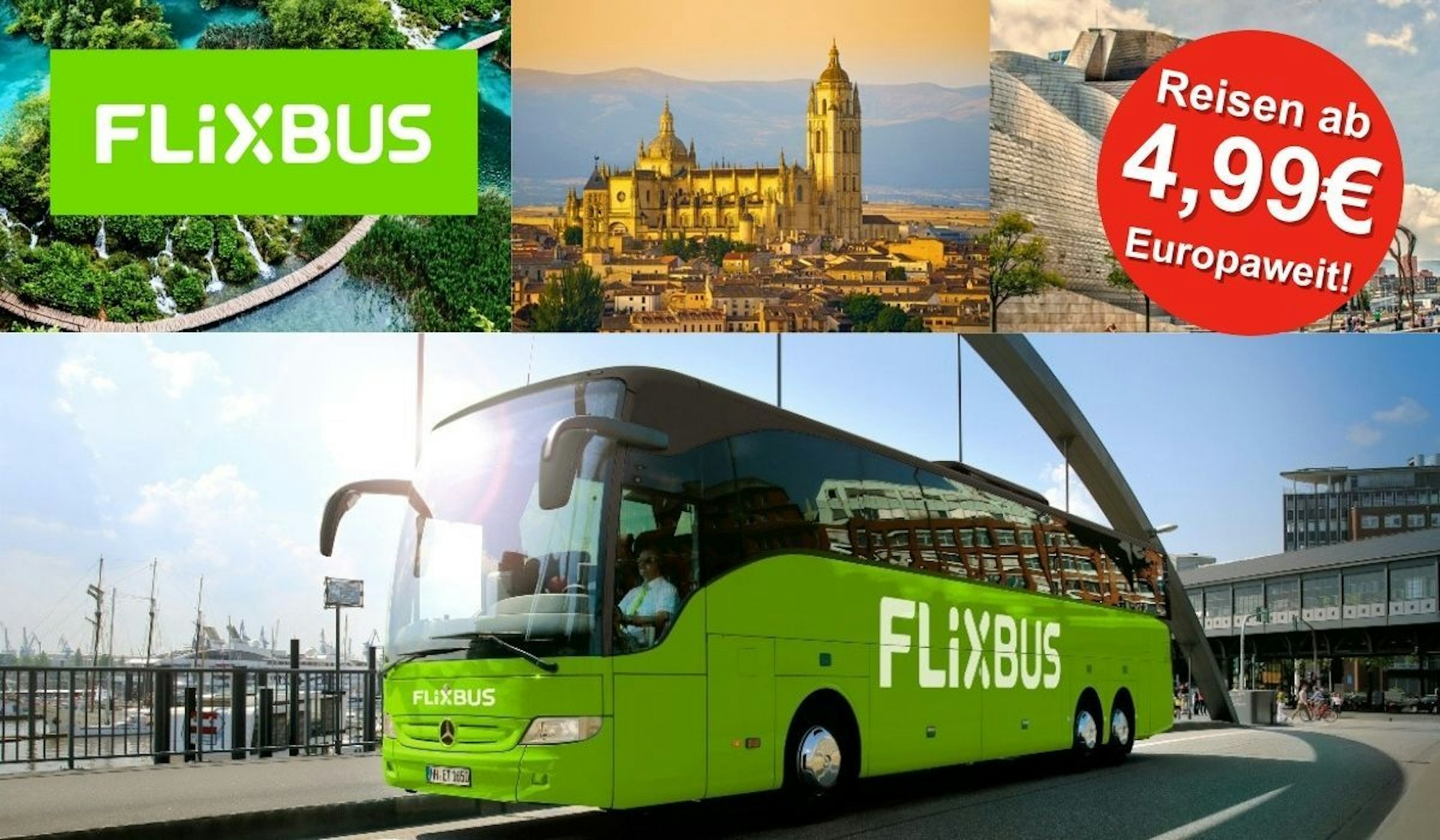 Ein grüner Flix- Reisebus der vor einem modernen Busbahnhof steht. Oben sind attraktive europäische Reiseziele zu sehen.