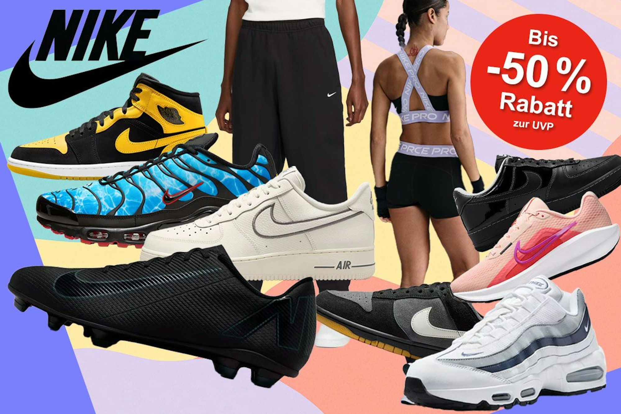 Nike Sneaker von Air Force 1 über Dunk Low bis hin zu Fußballschuhen Mercurial Vapor 16, Air Max und Air Jordan und verschiedene Sportsachen vor Hintergrund mit geometrischen Formen.