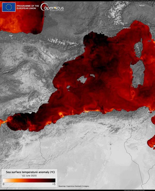 Eine Wetterkarte mit roten Feldern.