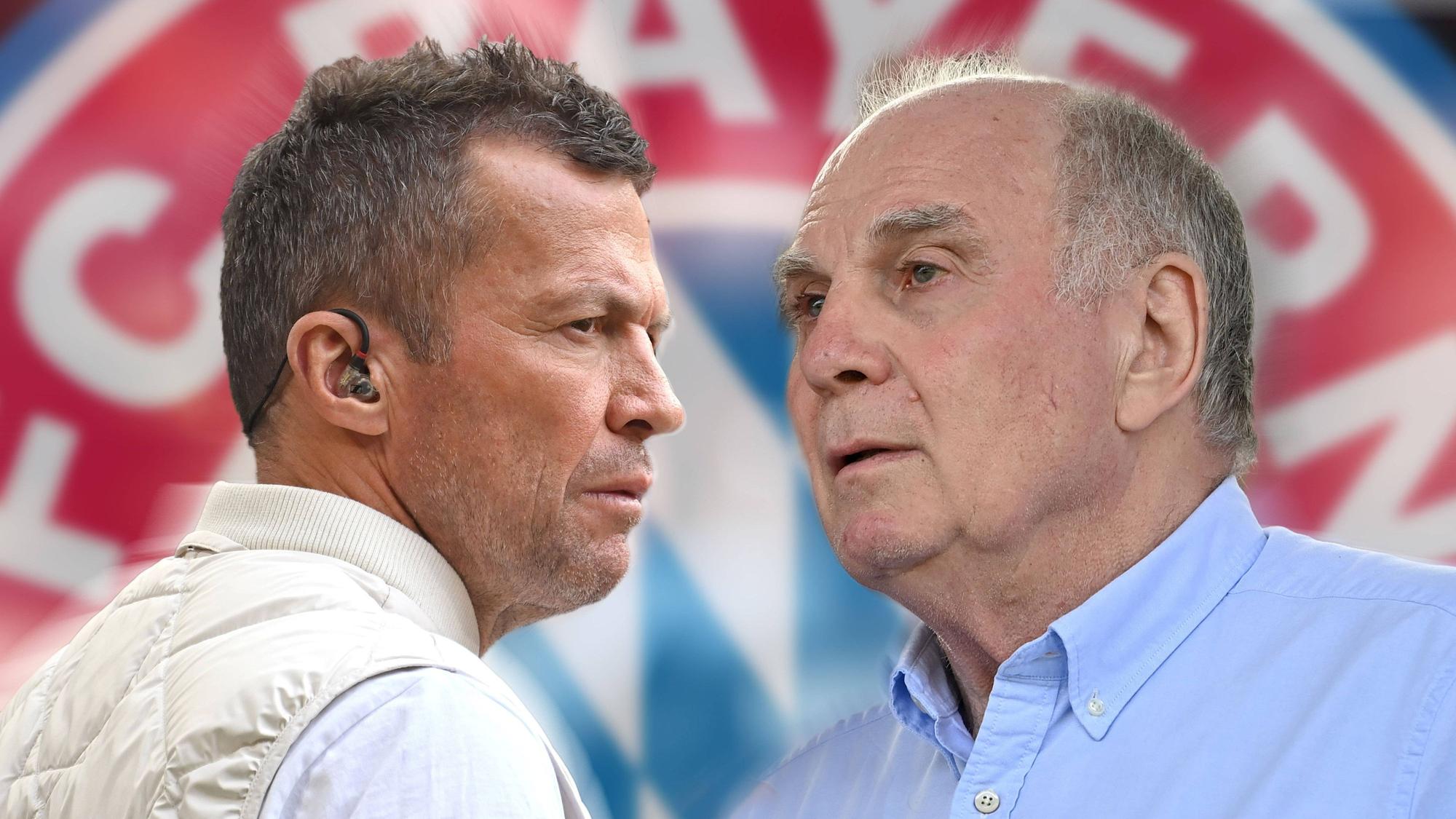 Eine Fotomontage zeigt Lothar Matthäus und Uli Hoeneß vor dem Logo des FC Bayern.