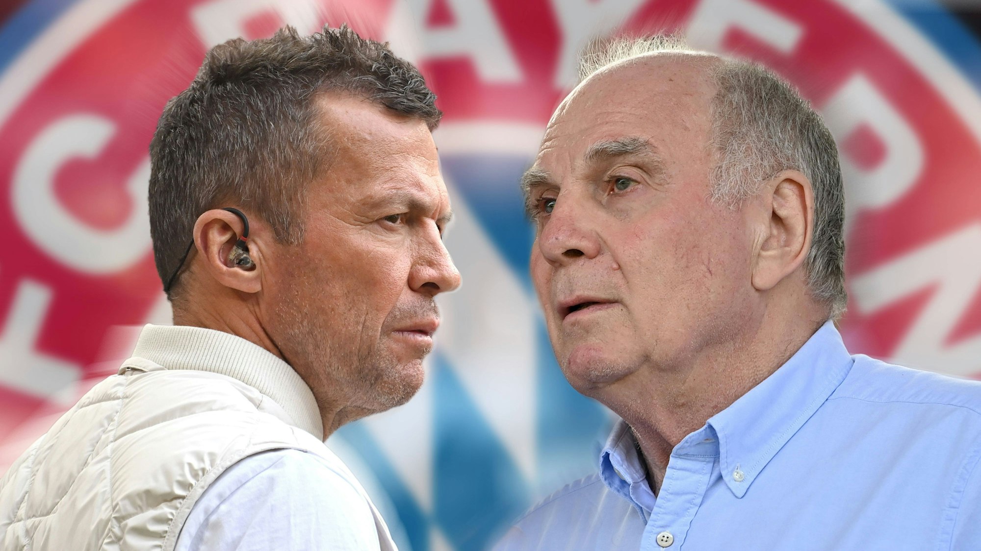 Eine Fotomontage zeigt Lothar Matthäus und Uli Hoeneß vor dem Logo des FC Bayern.