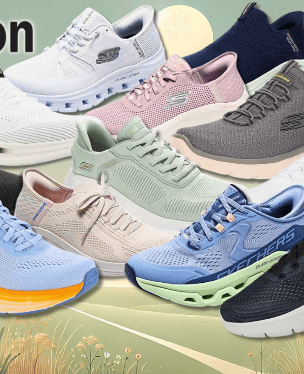 Skechers Slip Ins Sneaker vor einem bunten Hintergrund mit Natur.