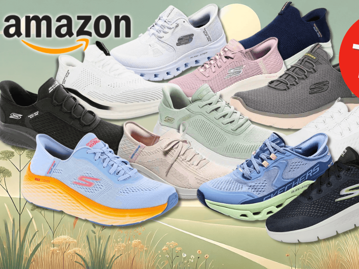 Skechers Slip Ins Sneaker vor einem bunten Hintergrund mit Natur.