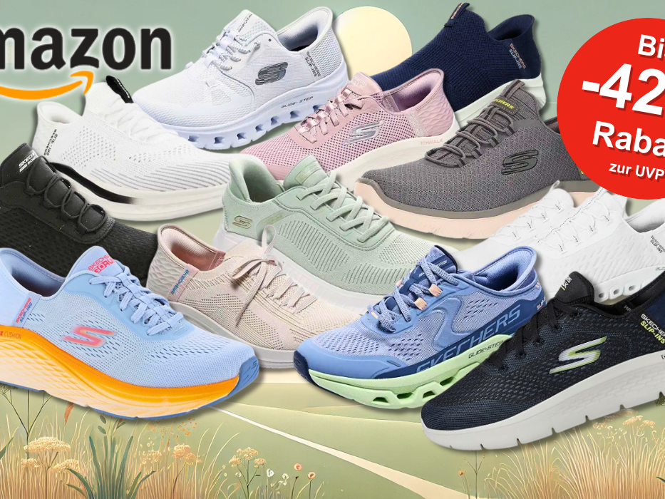 Skechers Slip Ins Sneaker vor einem bunten Hintergrund mit Natur.