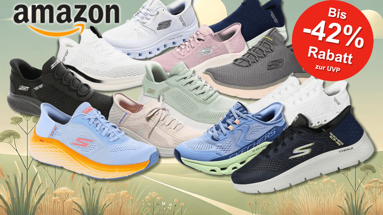 Skechers Slip Ins Sneaker vor einem bunten Hintergrund mit Natur.