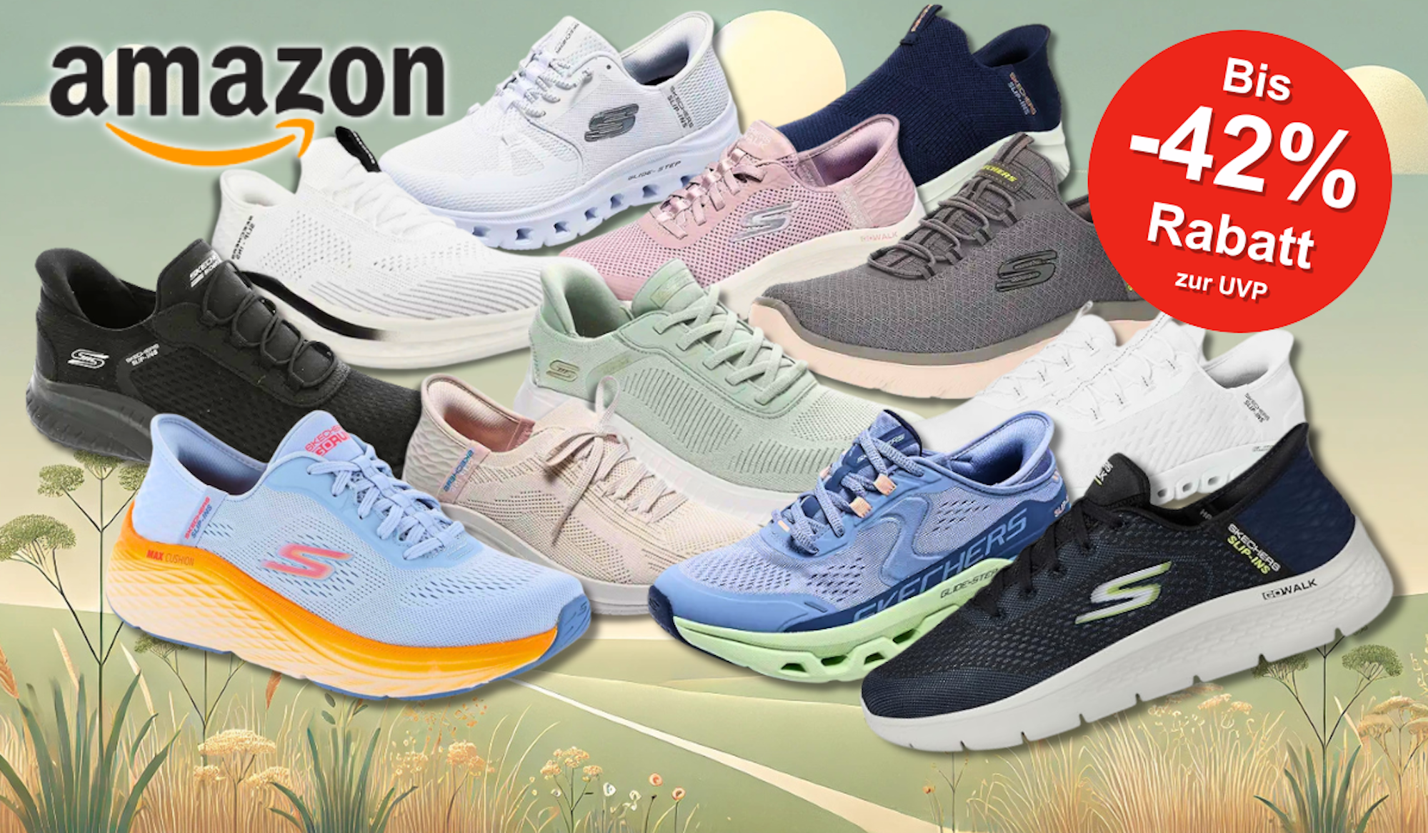 Skechers Slip Ins Sneaker vor einem bunten Hintergrund mit Natur.