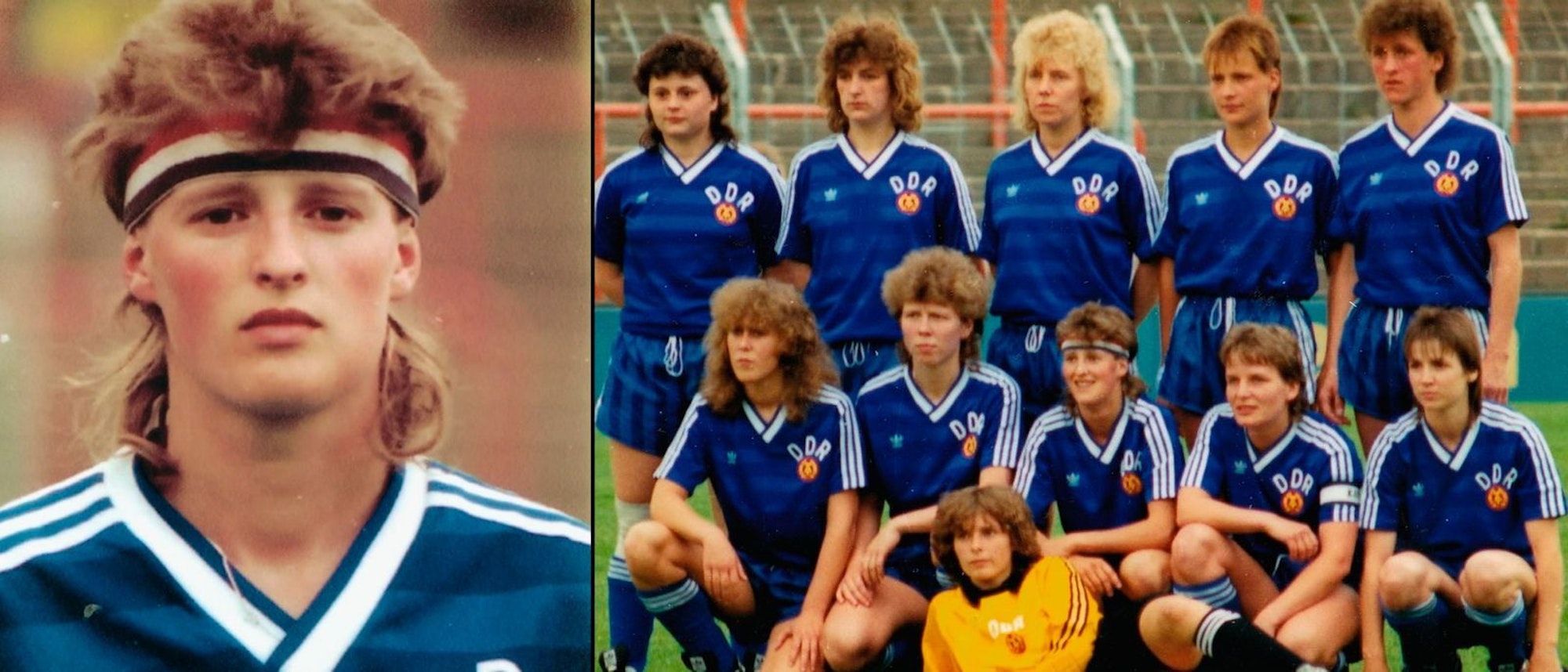Spielerin Doreen Meier (links) und die DDR-Nationalmannschaft: Ab 1989 gab es sie. Am 9. Mai 1990 bestritt sie ihr erstes und einziges Spiel. In Potsdam verlor man 0:3 gegen die Tschechoslowakei. Dann kam die Wiedervereinigung.
(Bild: © rbb/diverse privat)