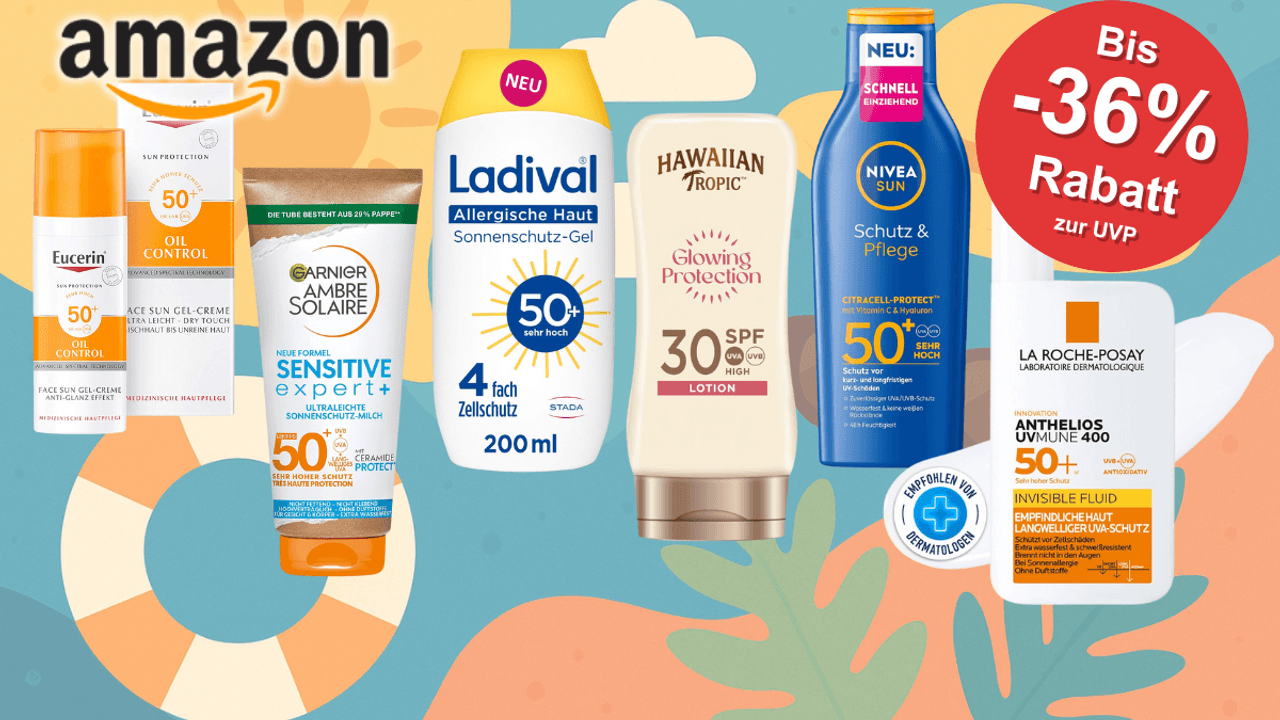 Verschiedene Sonnencreme-Produkte von Marken wie NIVEA, Garnier, La Roche Posay und mehr sind vor einem Hintergrund mit Sommermotiven abgebildet.