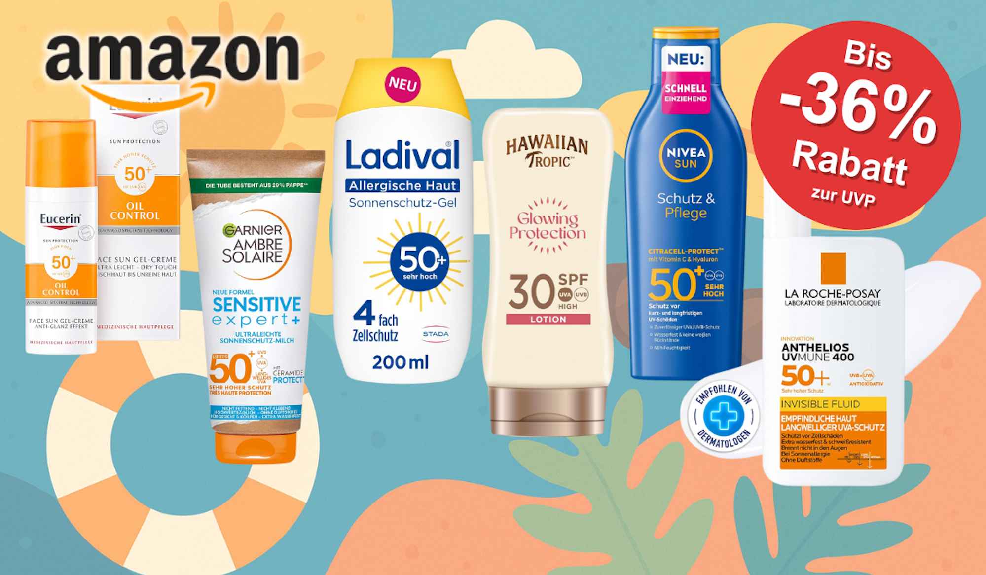 Verschiedene Sonnencreme-Produkte von Marken wie NIVEA, Garnier, La Roche Posay und mehr sind vor einem Hintergrund mit Sommermotiven abgebildet.