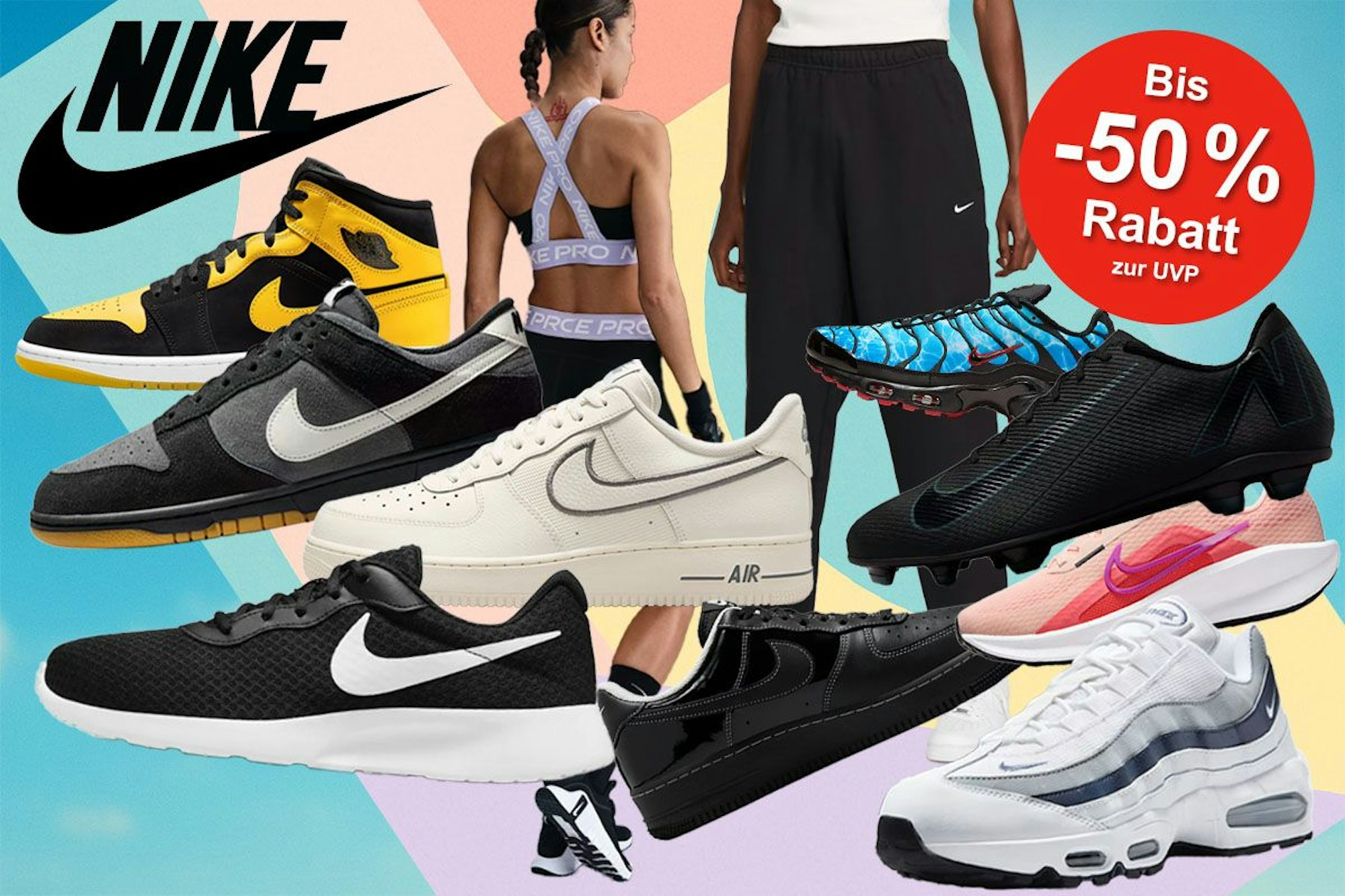 Nike Sneaker von Tanjun über Air Force 1, Dunk Low bis hin zu Fußballschuhen Mercurial Vapor 16, Air Max und Air Jordan und verschiedene Sportkleidung für Damen und Herren vor Hintergrund mit bunten, geometrischen Flächen.