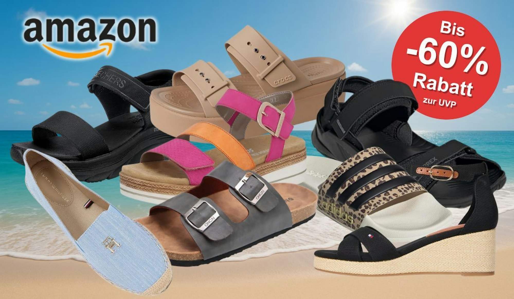 Auf dem Bild sind viele unterschiedliche Sandalen Varianten diverser Marken zu sehen