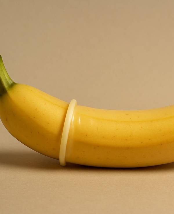 Banane mit Kondom aufgezogen.
