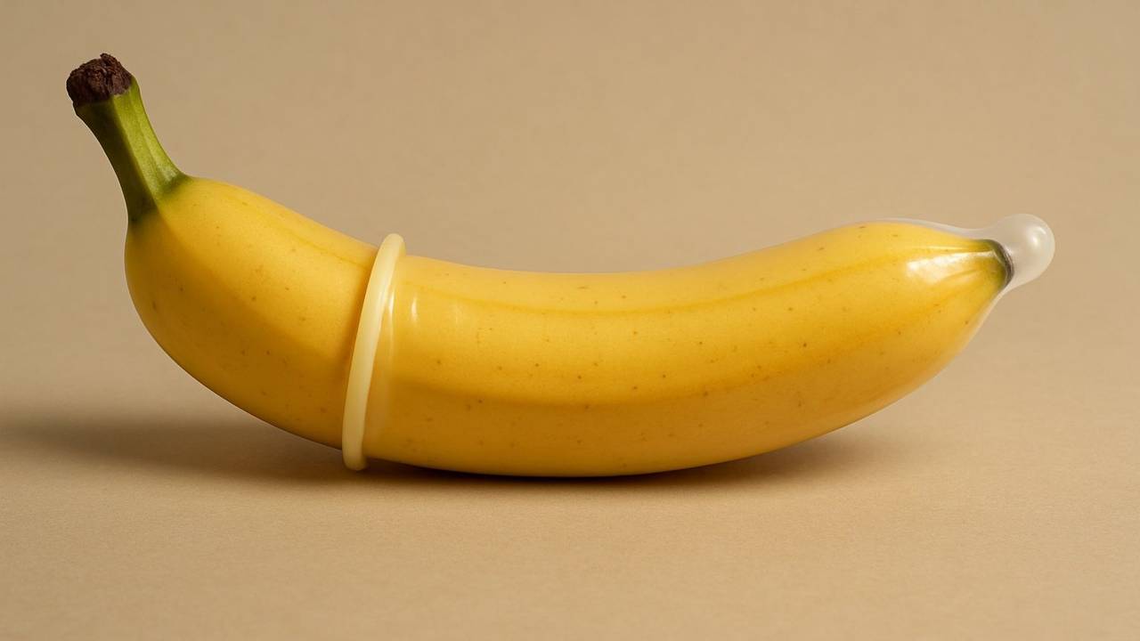 Banane mit Kondom aufgezogen.