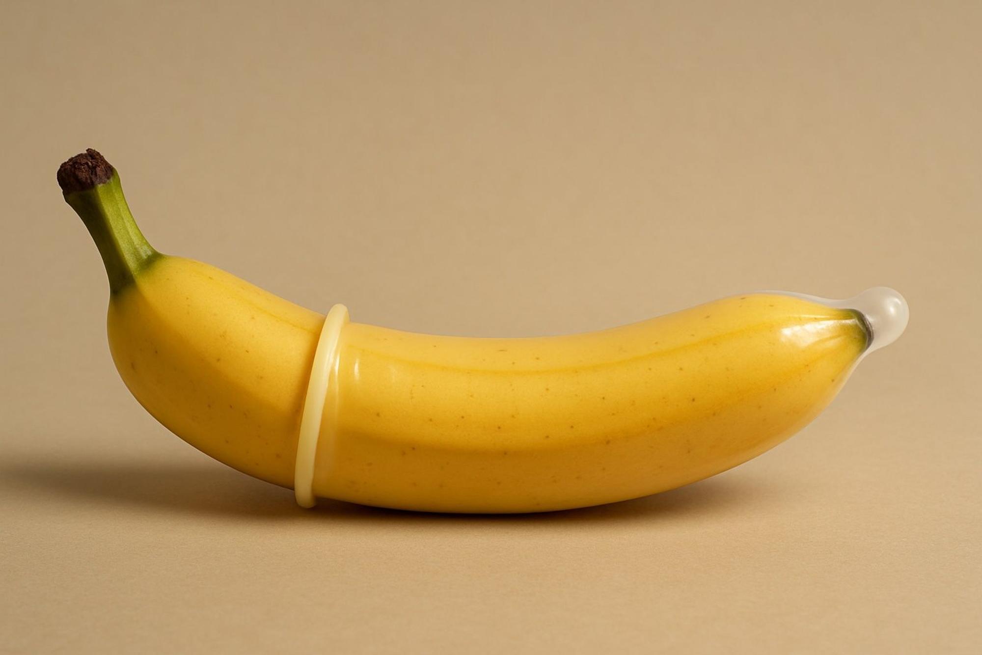 Banane mit Kondom aufgezogen.