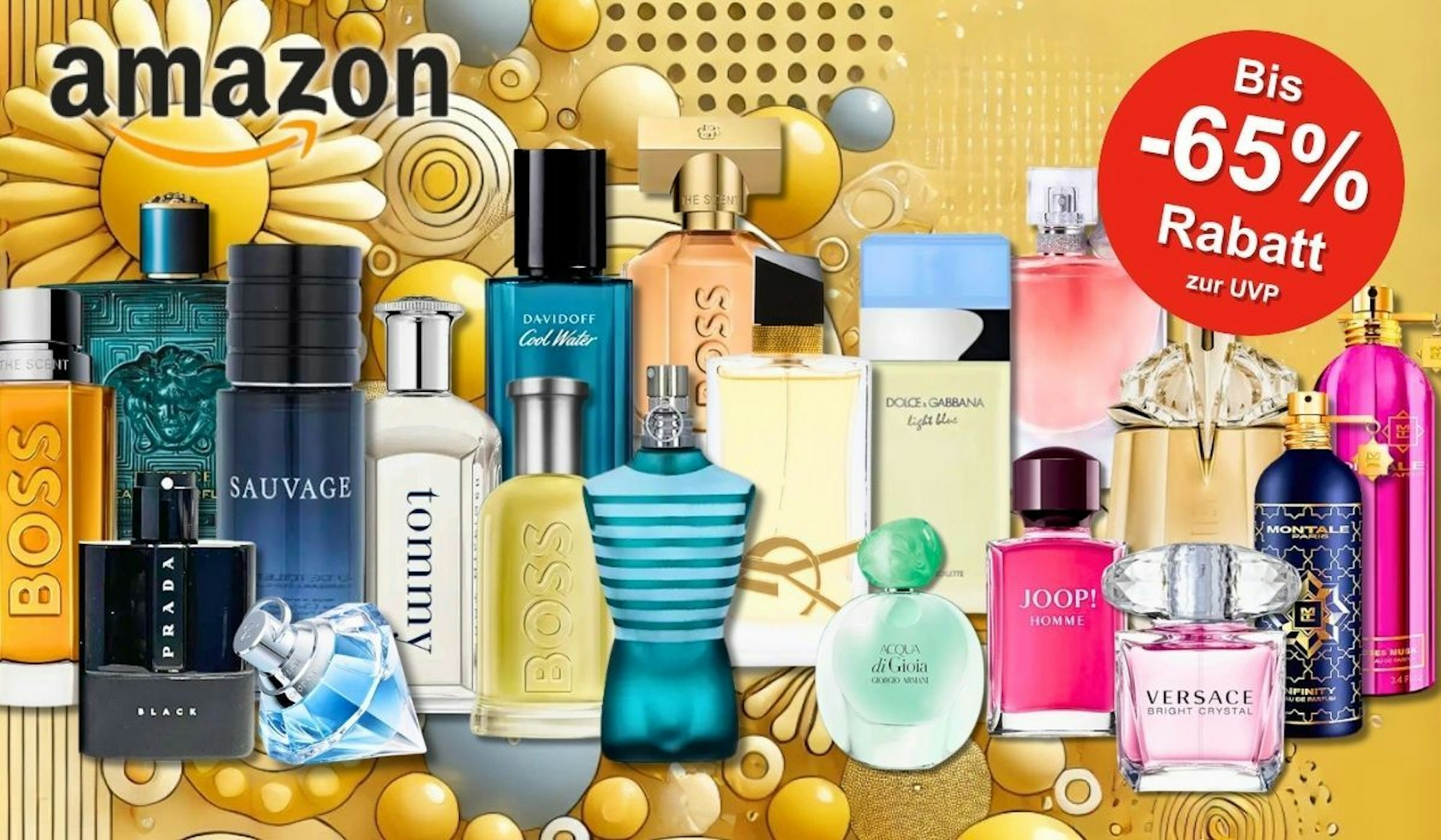 Beliebte Düfte von Dior, BOSS, YSL, JOOP!, Versace, Tom Ford, Prada, Montale und mehr vor einem sommerlich-goldenen Hintergrund.