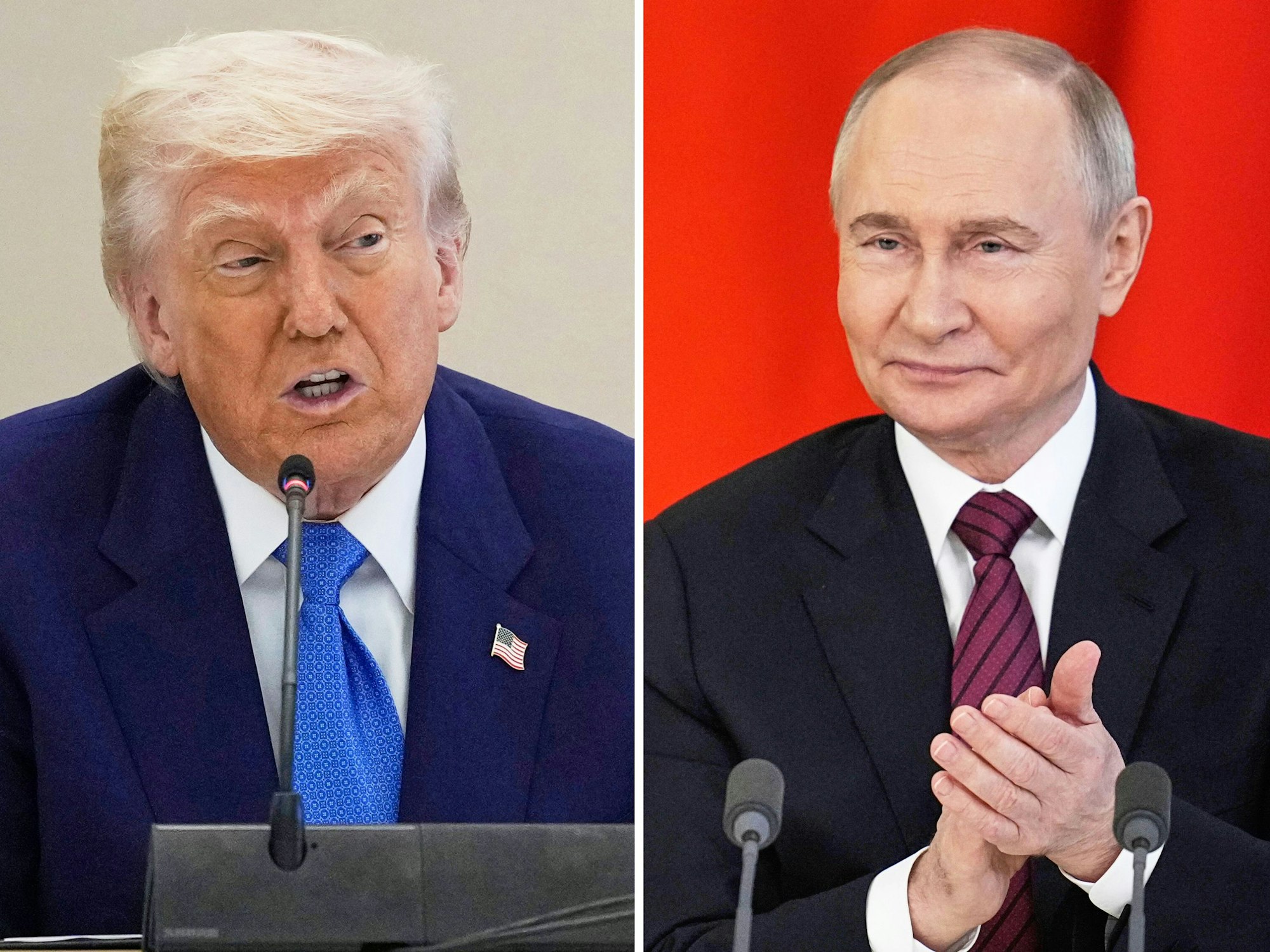 US-Präsident Donald Trump am 16. Mai 2025 in Abu Dhabi (links) und Russlands Präsident Wladimir Putin am 10. Mai 2025 bei einer Unterzeichnung im Kreml in Moskau.