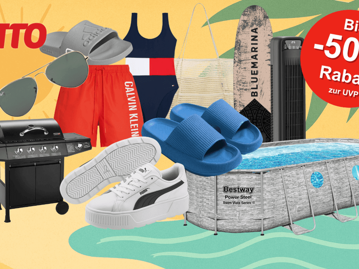Auf dem Bild sind verschiedene Artikel wie Bademode, Sonnenbrille, Grill, Pool, Schuhe und mehr aus dem OTTO Onlineshop zu sehen. Im Hintergrund ist ein sommerliches Bild dargestellt.