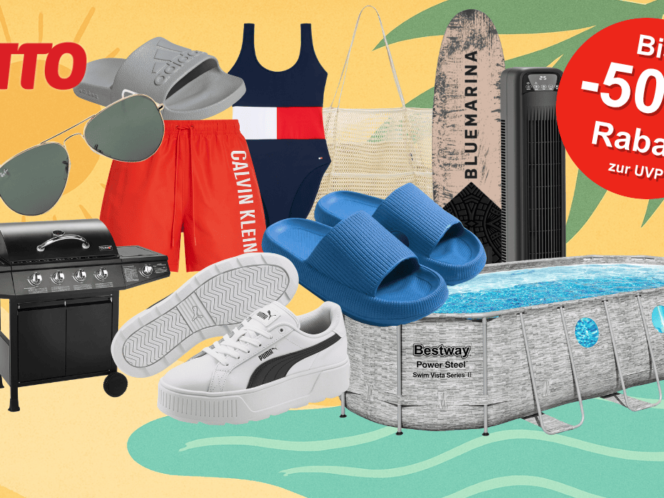 Auf dem Bild sind verschiedene Artikel wie Bademode, Sonnenbrille, Grill, Pool, Schuhe und mehr aus dem OTTO Onlineshop zu sehen. Im Hintergrund ist ein sommerliches Bild dargestellt.