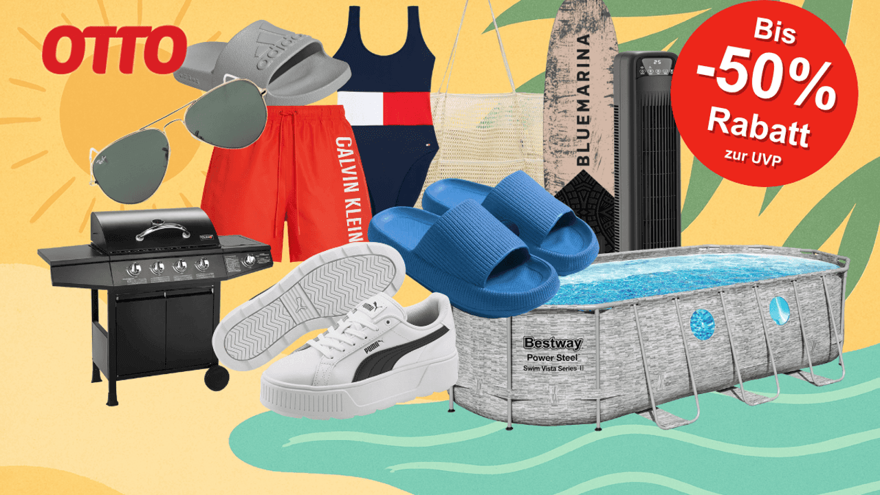 Auf dem Bild sind verschiedene Artikel wie Bademode, Sonnenbrille, Grill, Pool, Schuhe und mehr aus dem OTTO Onlineshop zu sehen. Im Hintergrund ist ein sommerliches Bild dargestellt.
