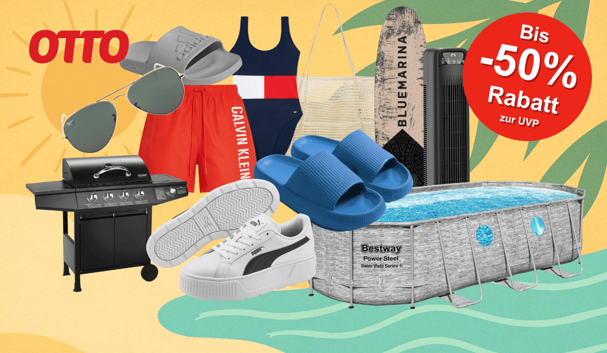 Auf dem Bild sind verschiedene Artikel wie Bademode, Sonnenbrille, Grill, Pool, Schuhe und mehr aus dem OTTO Onlineshop zu sehen. Im Hintergrund ist ein sommerliches Bild dargestellt.