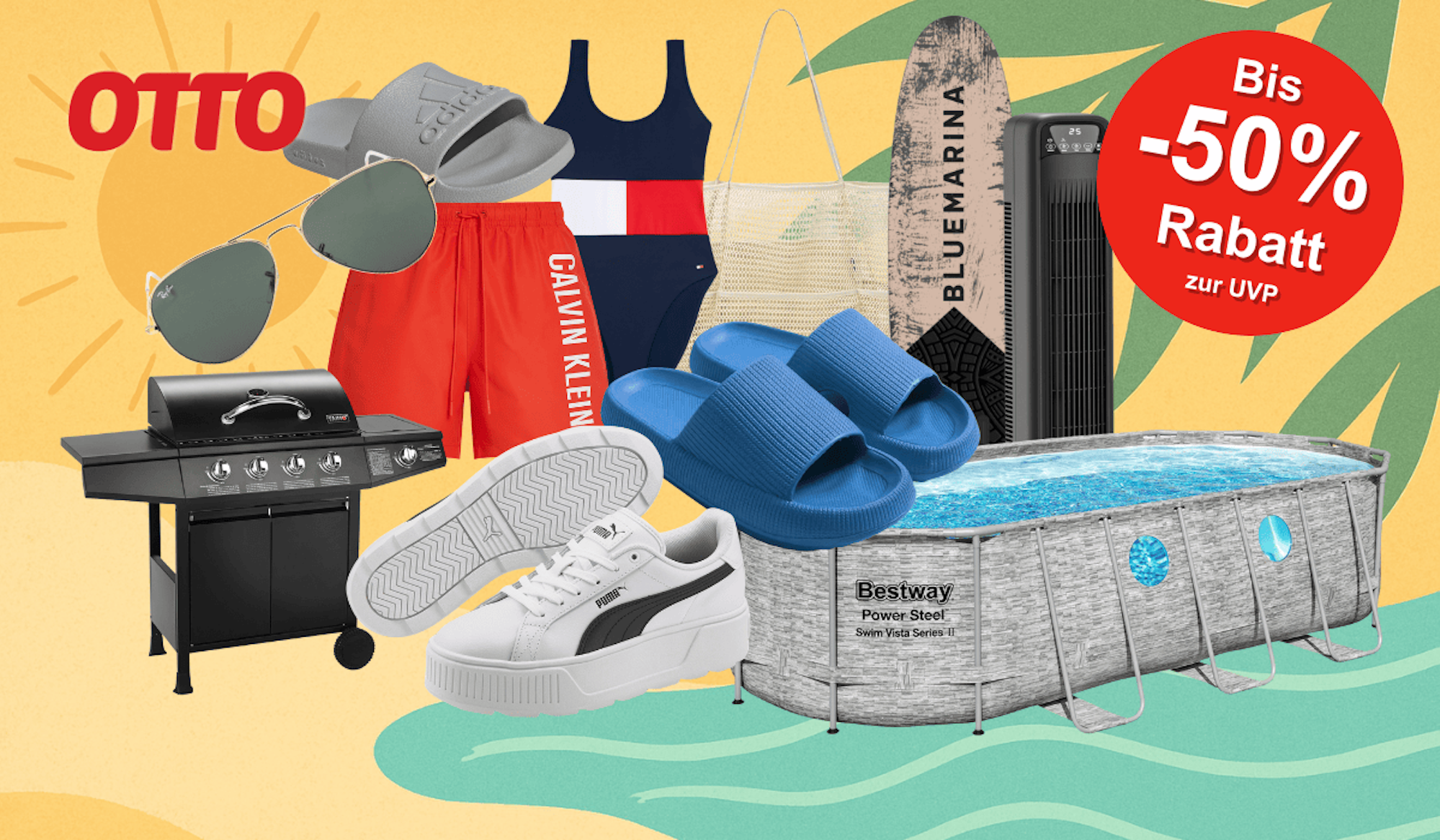 Auf dem Bild sind verschiedene Artikel wie Bademode, Sonnenbrille, Grill, Pool, Schuhe und mehr aus dem OTTO Onlineshop zu sehen. Im Hintergrund ist ein sommerliches Bild dargestellt.