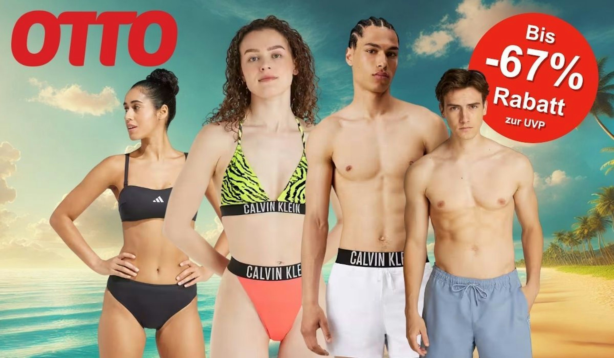Eine sommerliche Strandkulisse mit vier jungen Erwachsenen in trendiger Bademode von Marken wie adidas und Calvin Klein.