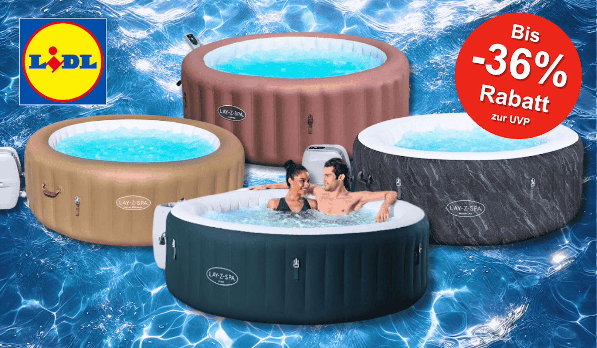 Vier Bestway Whirlpools vor einem Wasser Hintergrund