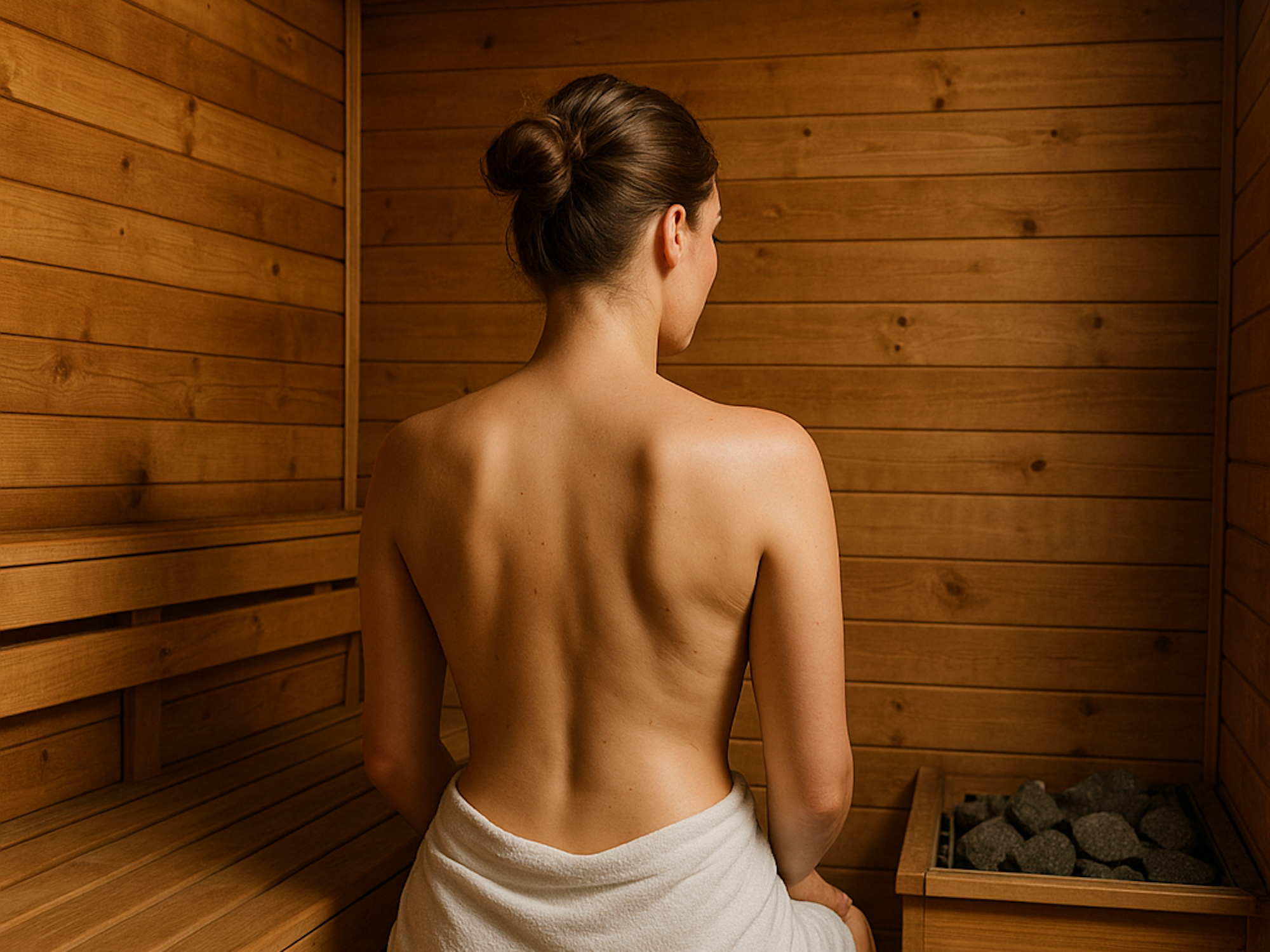 Das Symbolbild einer Frau in einer Sauna wurde mit Hilfe Künstlicher Intelligenz erstellt.