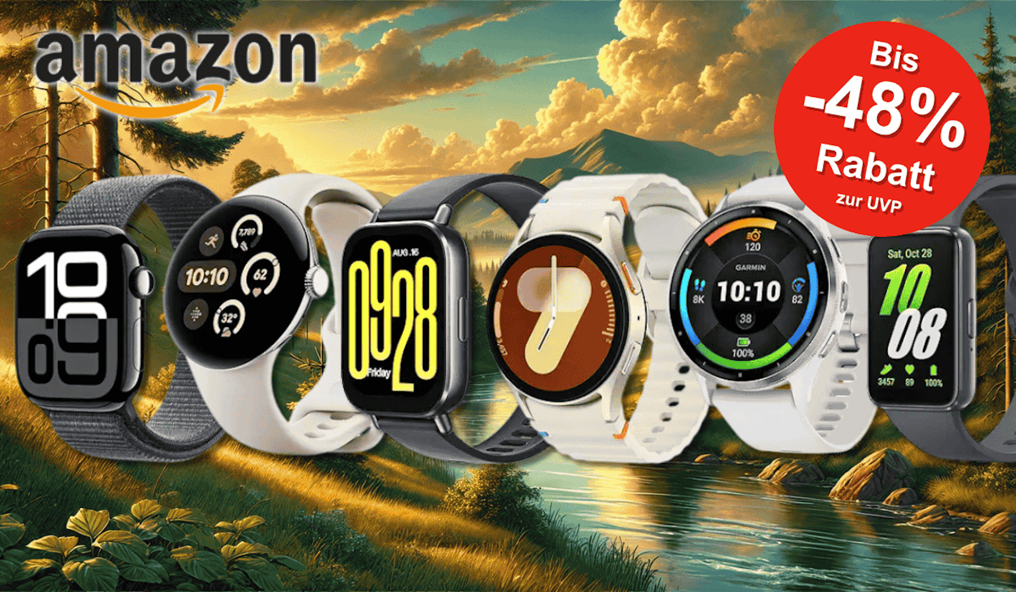 Eine Auswahl beliebter Smartwatches von Marken wie Apple, Google, Xiaomi, Samsung und Garmin vor einem idyllischen Naturhintergrund mit Sonnenuntergang.